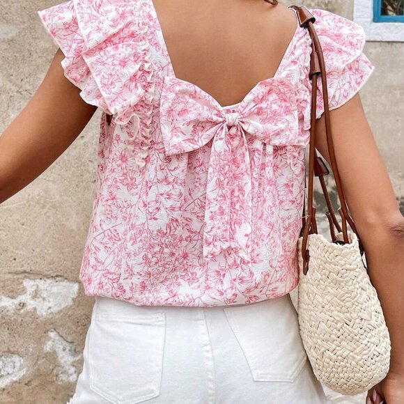 Tops - Pink Boho Women's Casual Ditsy Floral Print Ruffled Short Sleeved Shirt